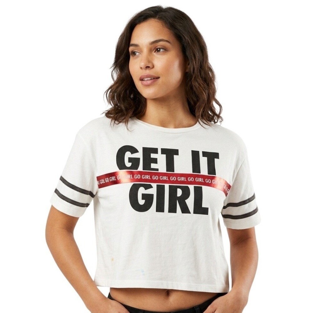Xersion Shirt Girls XL Plus White Get It Girl Cropped Graphic Varsity Stripe Tee